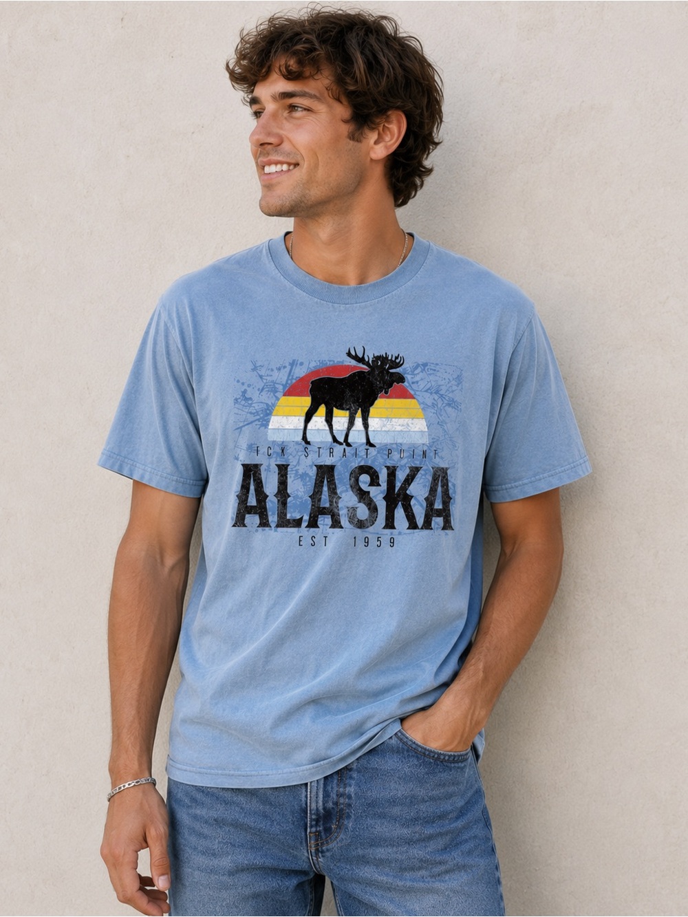 Alaska Moose Graphic T-Shirt Blue Souvenir Tee Icy Strait Point Travel Shirt